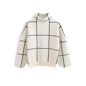 Chicwish Wool Blend Long Sleeve Grid Windowpane Turtleneck Sweater Cream Black
